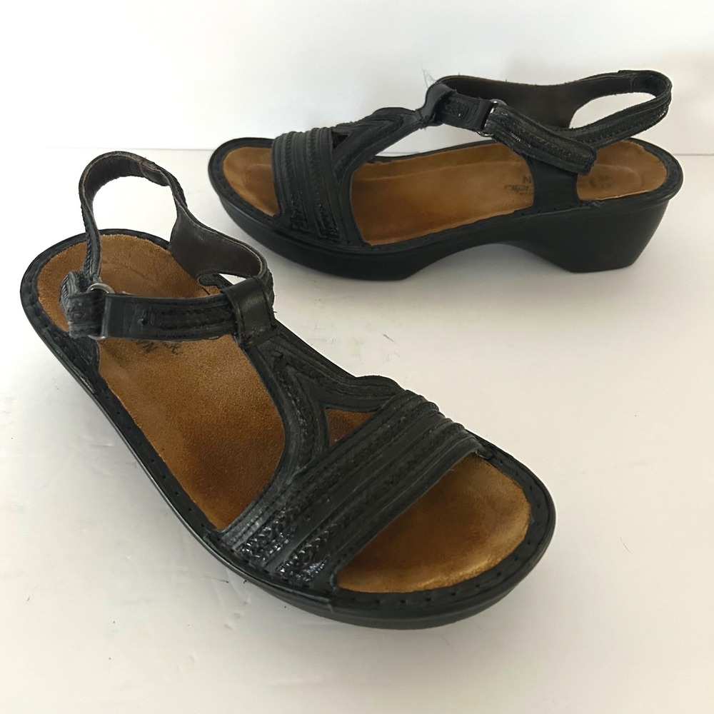 Naot Nara Sandals Women 38 US 7 Shoes Black‎ EUC Leather Strappy Comfort Adjust